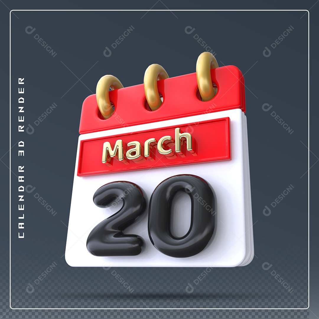 Calendário Do mês Março Dia 20 Elemento 3D Dourado Vermelho Preto e Branco Para Composição PSD