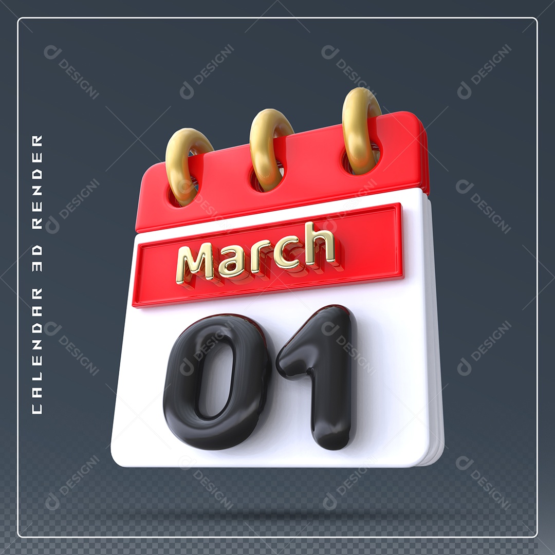 Calendário Do mês Março Dia 01 Elemento 3D Dourado Vermelho Preto e Branco Para Composição PSD