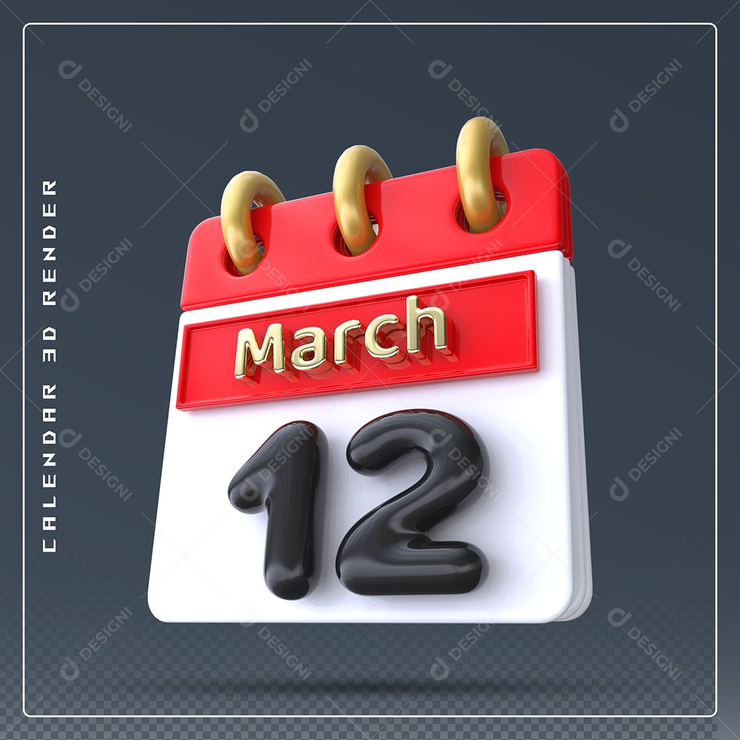 Calendário Do mês Março Dia 12 Elemento 3D Dourado Vermelho Preto e Branco Para Composição PSD
