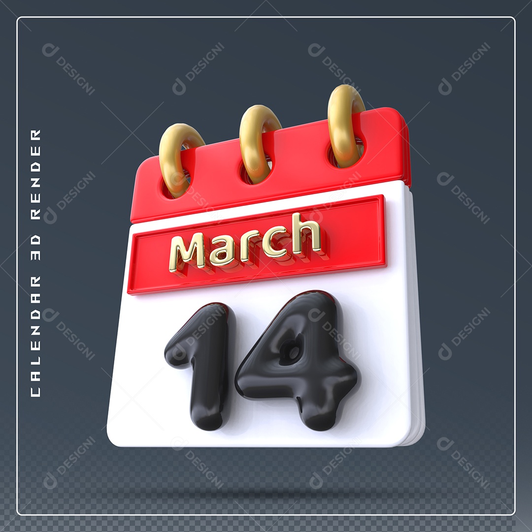 Calendário Do mês Março Dia 14 Elemento 3D Dourado Vermelho Preto e Branco Para Composição PSD