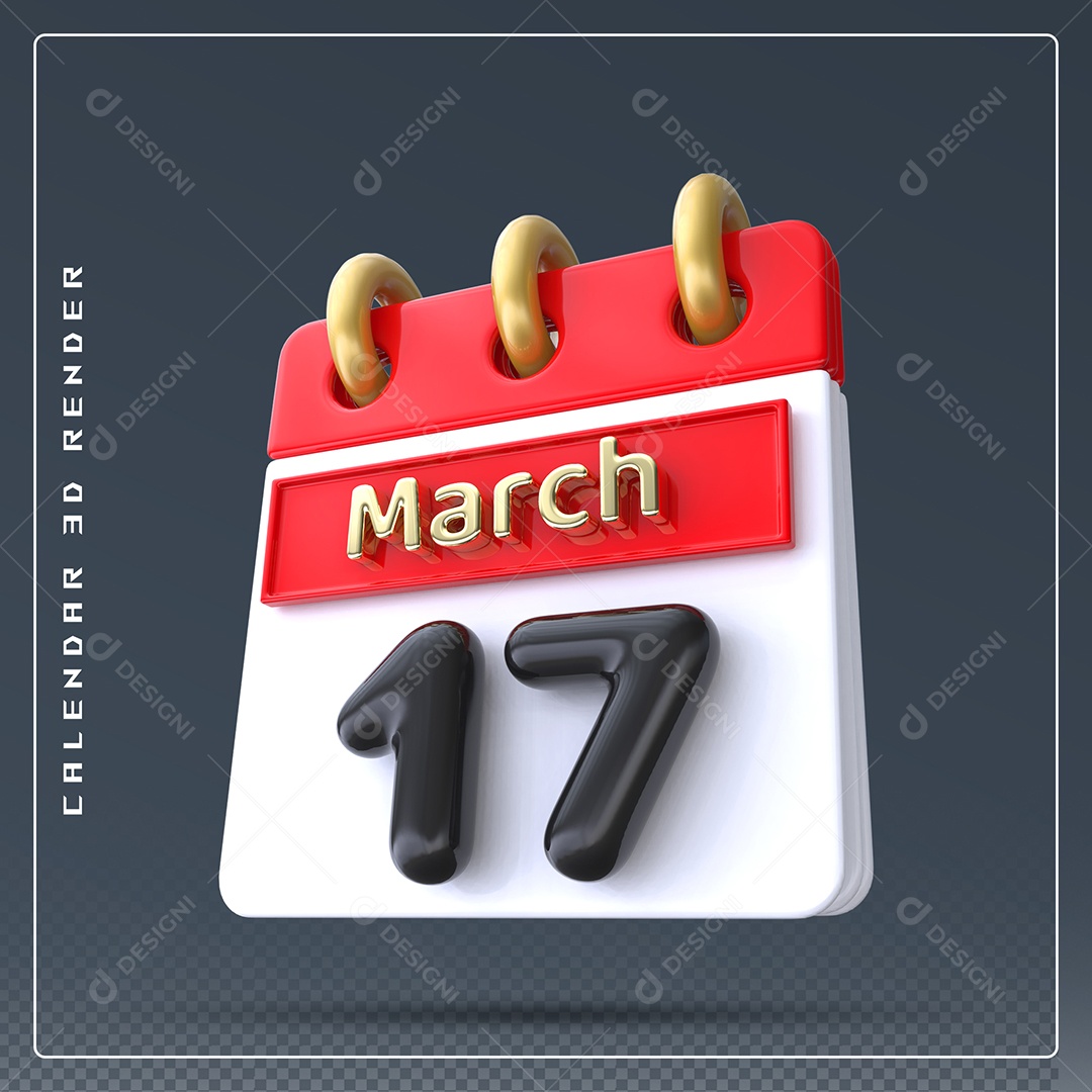Calendário Do mês Março Dia 17 Elemento 3D Dourado Vermelho Preto e Branco Para Composição PSD