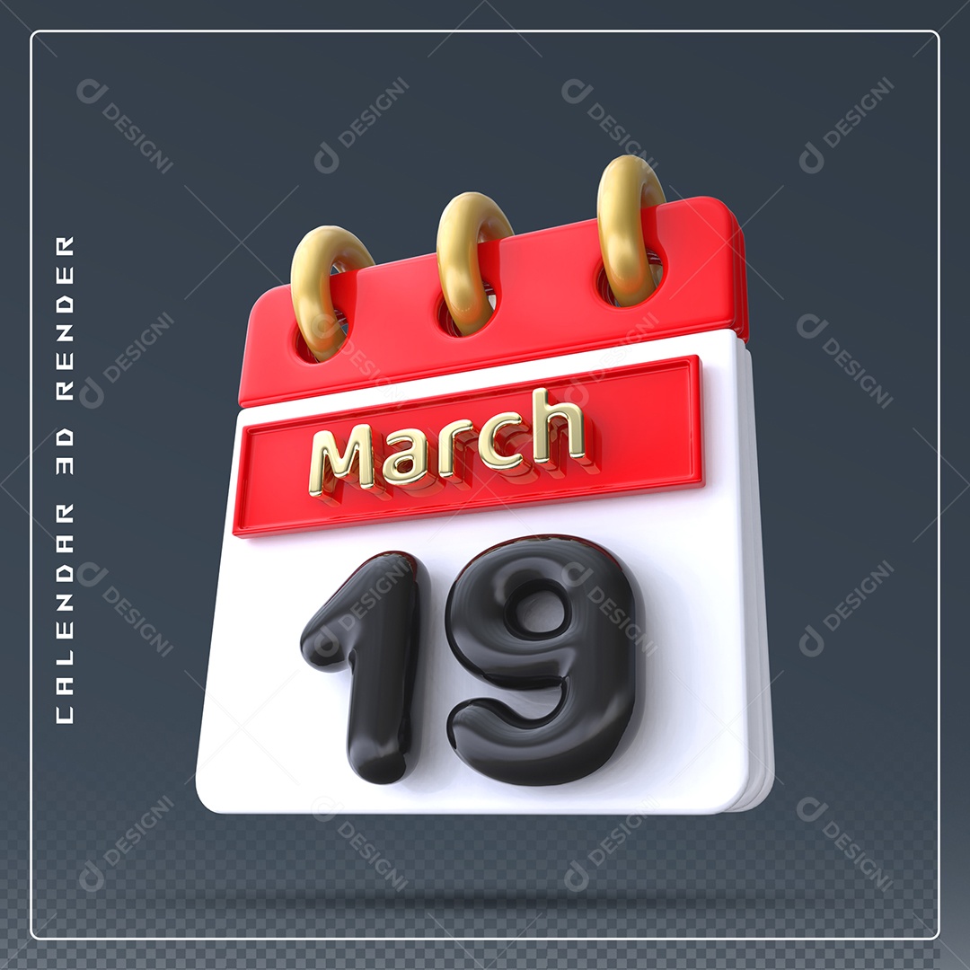 Calendário Do mês Março Dia 19 Elemento 3D Dourado Vermelho Preto e Branco Para Composição PSD