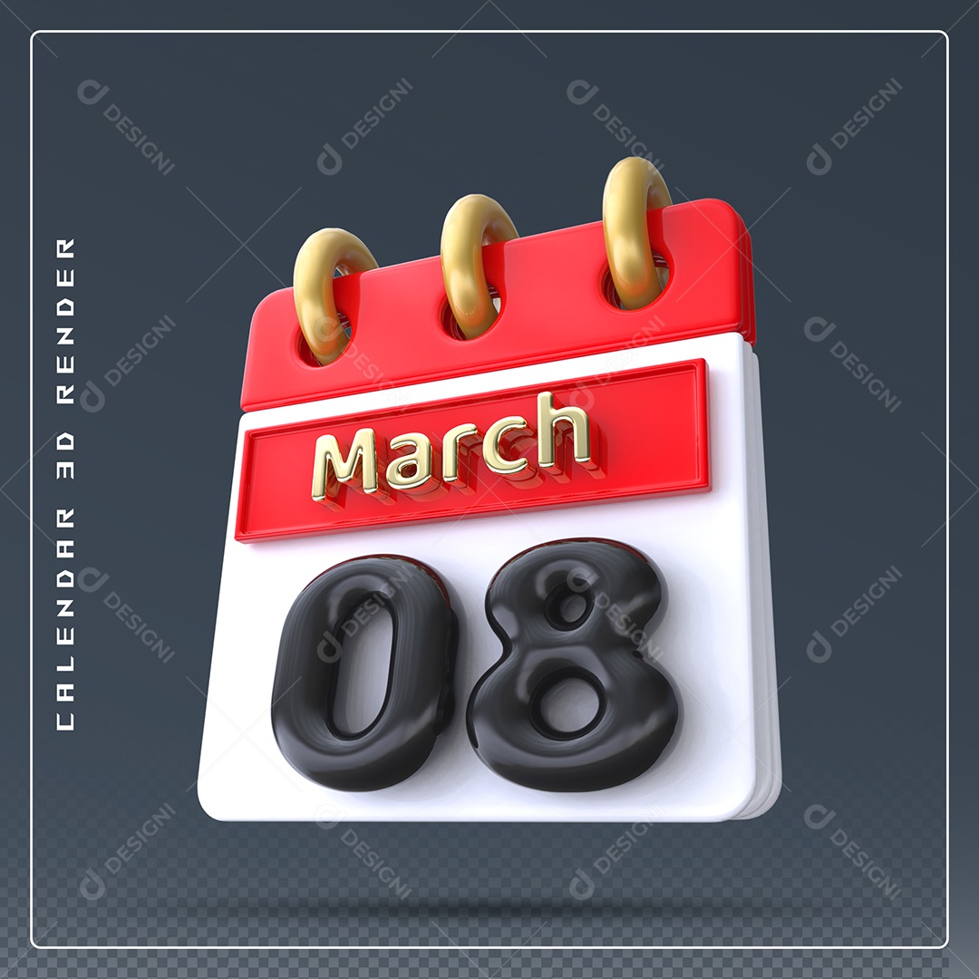 Calendário Do mês Março Dia 08 Elemento 3D Dourado Vermelho Preto e Branco Para Composição PSD