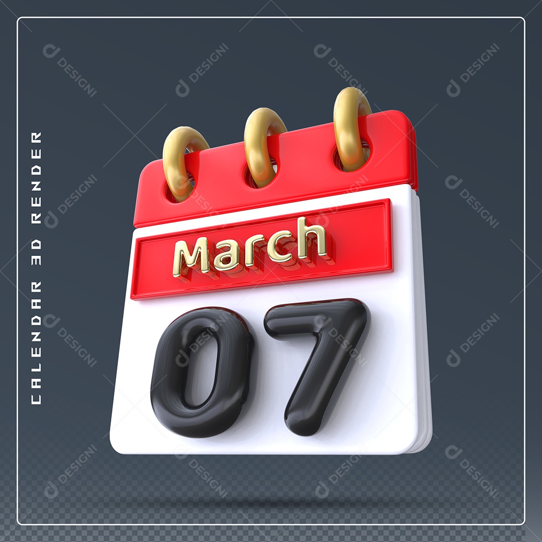Calendário Do mês Março Dia 07 Elemento 3D Dourado Vermelho Preto e Branco Para Composição PSD