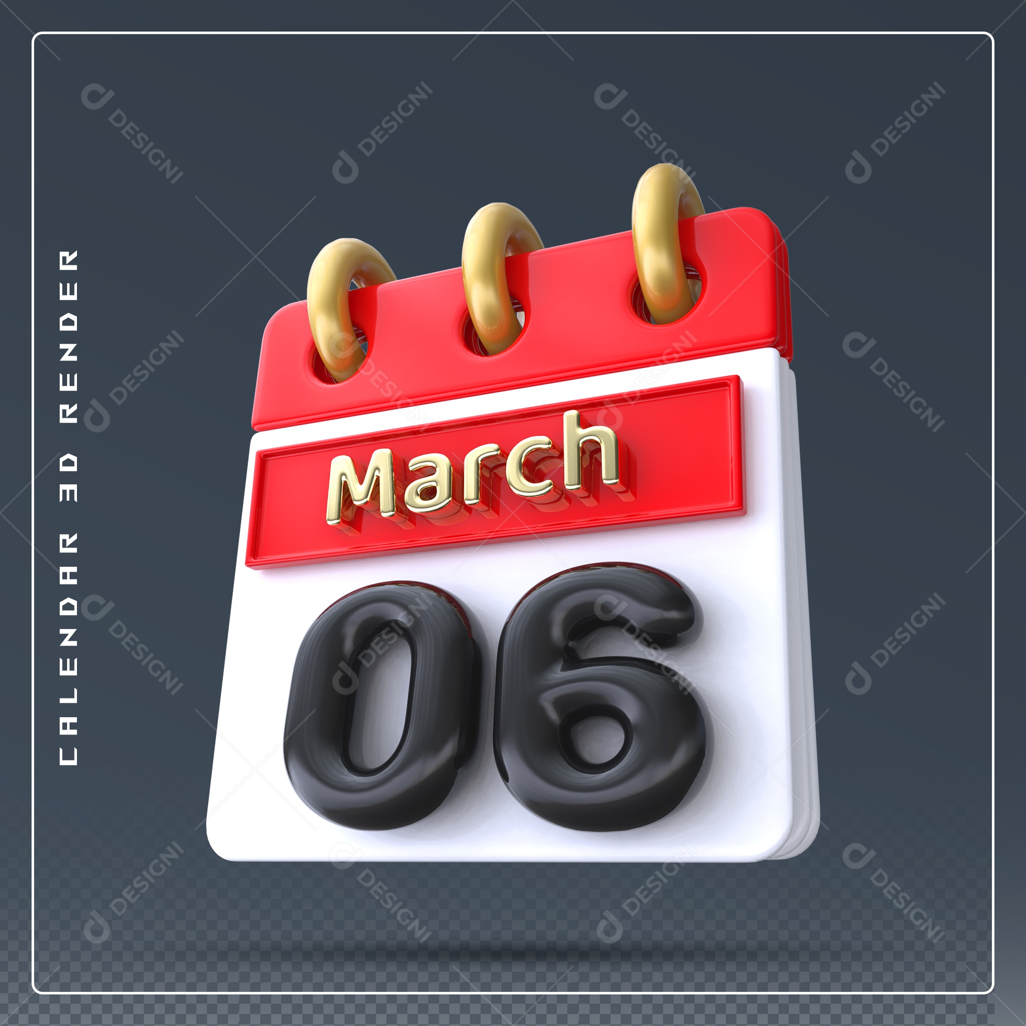 Calendário Do mês Março Dia 06 Elemento 3D Dourado Vermelho Preto e Branco Para Composição PSD
