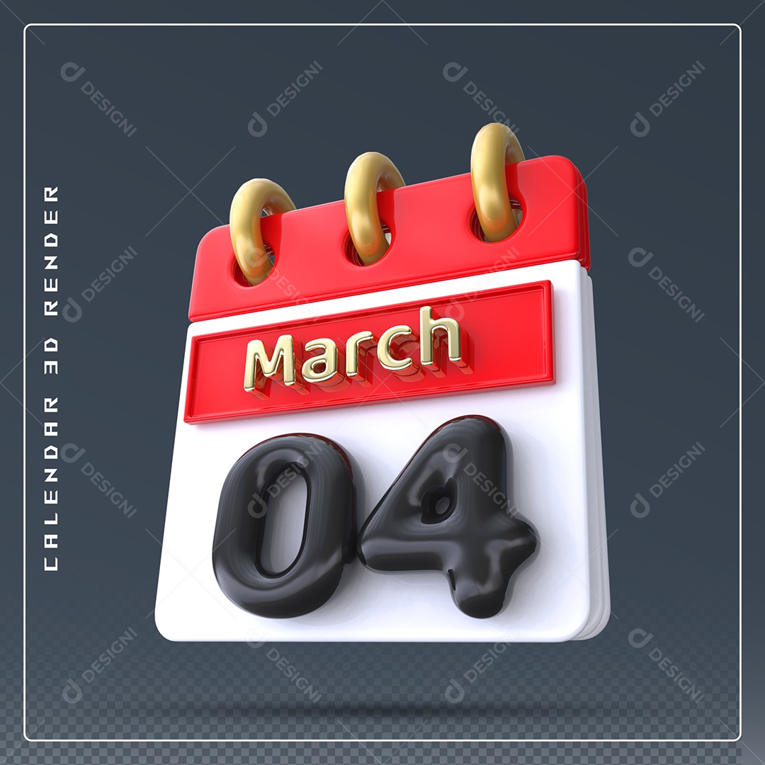 Calendário Do mês Março Dia 04 Elemento 3D Dourado Vermelho Preto e Branco Para Composição PSD