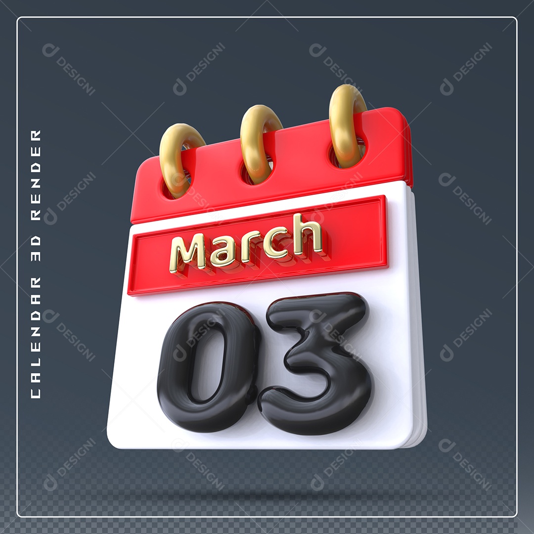 Calendário Do mês Março Dia 03 Elemento 3D Dourado Vermelho Preto e Branco Para Composição PSD