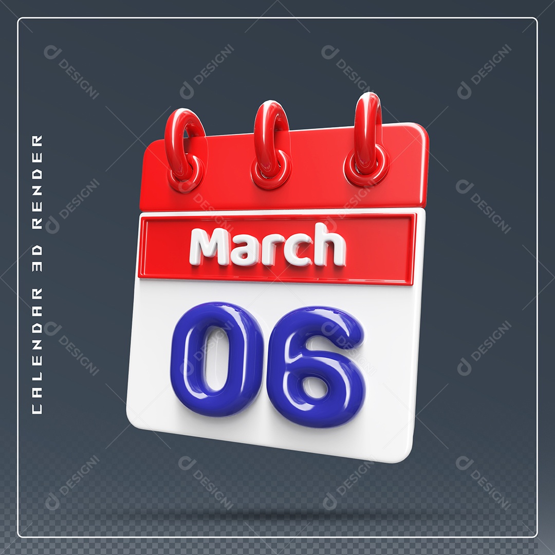 Calendário Do mês Março Dia 06 Elemento 3D Vermelho Azul e Branco Para Composição PSD