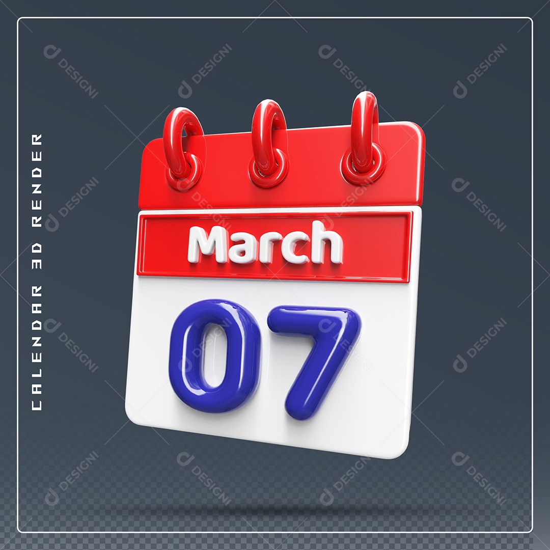 Calendário Do mês Março Dia 07 Elemento 3D Vermelho Azul e Branco Para Composição PSD
