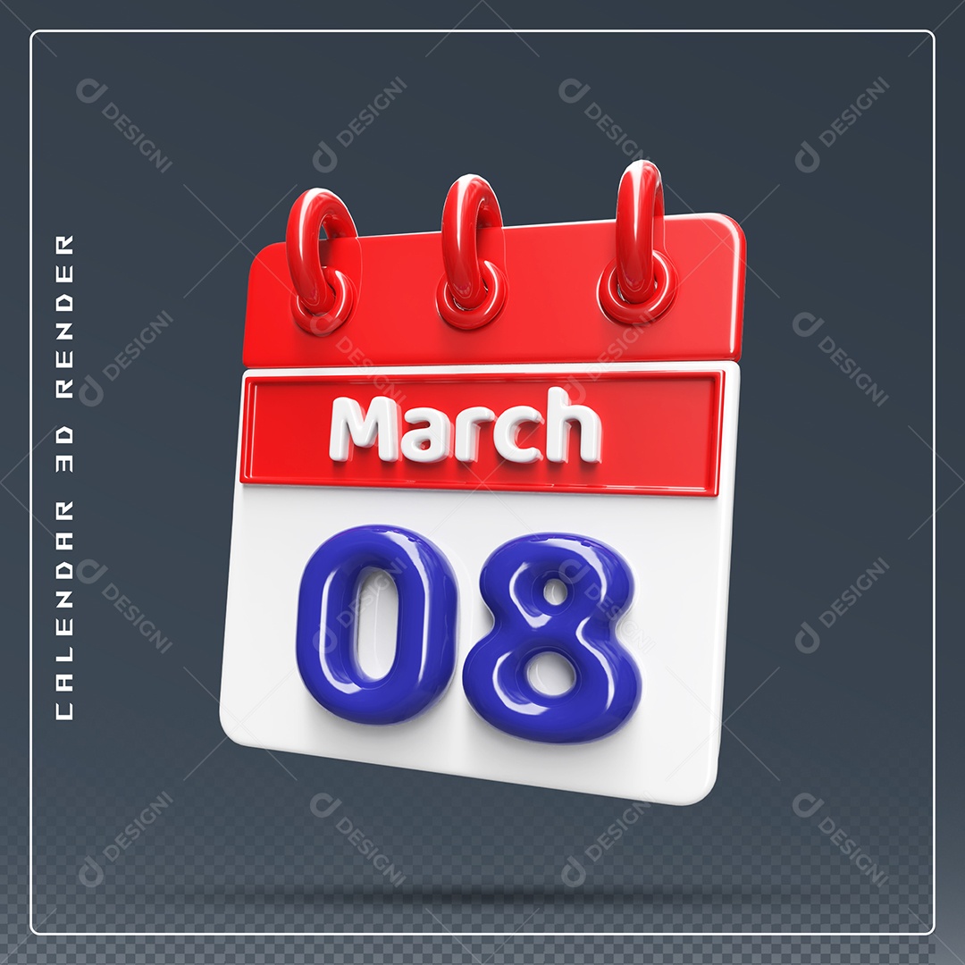 Calendário Do mês Março Dia 08 Elemento 3D Vermelho Azul e Branco Para Composição PSD