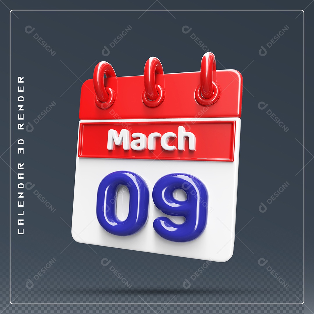 Calendário Do mês Março Dia 09 Elemento 3D Vermelho Azul e Branco Para Composição PSD