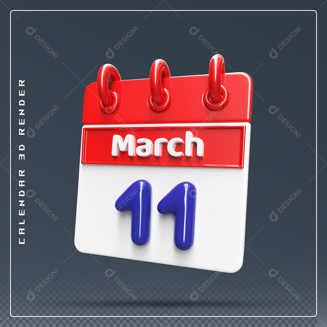 Calendário Do mês Março Dia 11 Elemento 3D Vermelho Azul e Branco Para Composição PSD