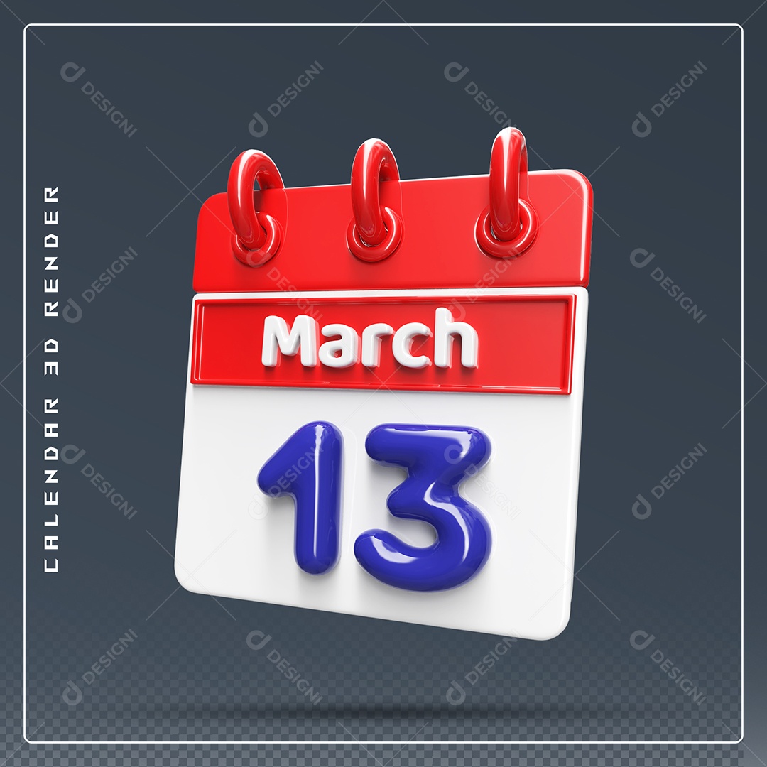 Calendário Do mês Março Dia 13 Elemento 3D Vermelho Azul e Branco Para Composição PSD