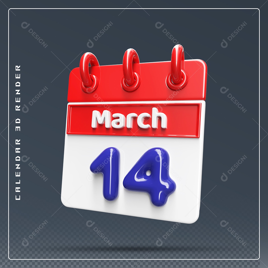 Calendário Do mês Março Dia 14 Elemento 3D Vermelho Azul e Branco Para Composição PSD
