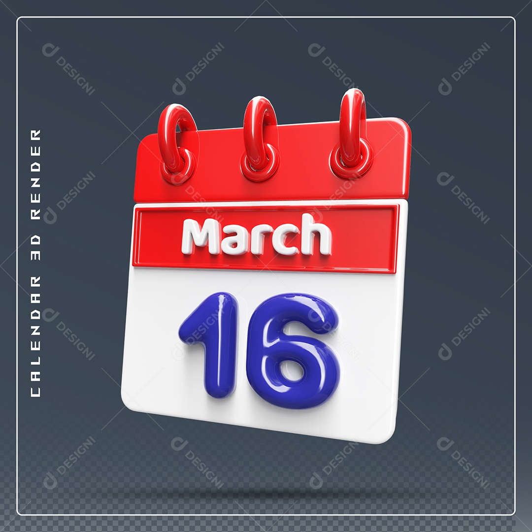 Calendário Do mês Março Dia 16 Elemento 3D Vermelho Azul e Branco Para Composição PSD