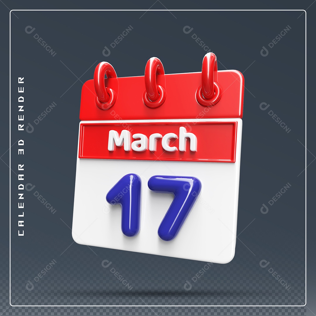 Calendário Do mês Março Dia 17 Elemento 3D Vermelho Azul e Branco Para Composição PSD