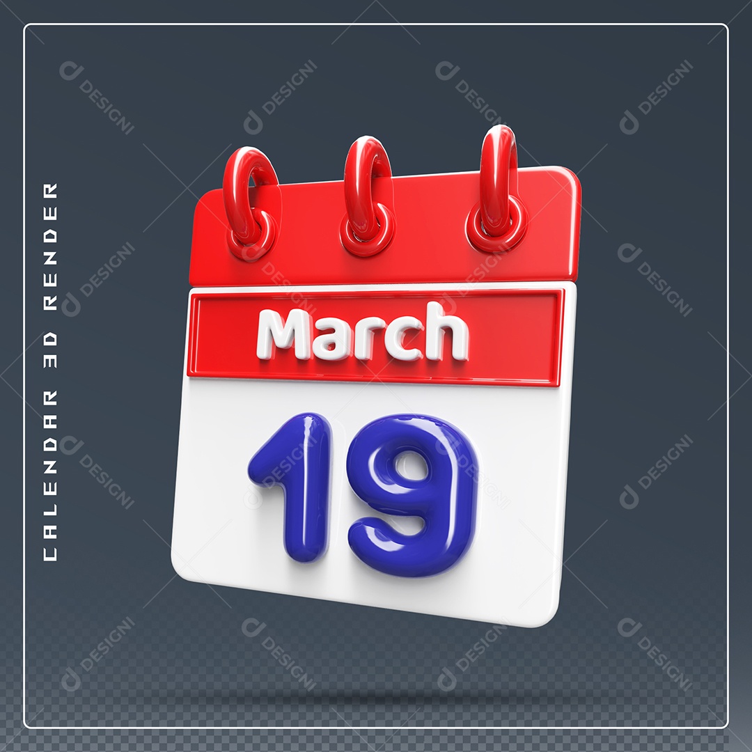 Calendário Do mês Março Dia 19 Elemento 3D Vermelho Azul e Branco Para Composição PSD