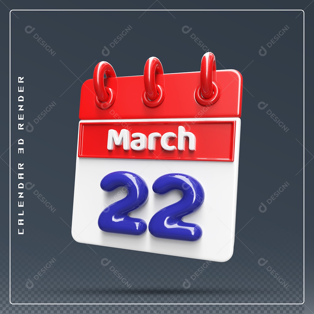 Calendário Do mês Março Dia 22 Elemento 3D Vermelho Azul e Branco Para Composição PSD