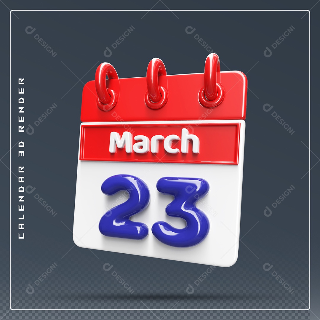 Calendário Do mês Março Dia 23 Elemento 3D Vermelho Azul e Branco Para Composição PSD