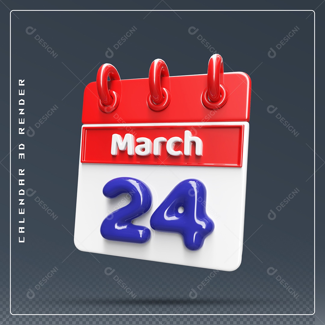 Calendário Do mês Março Dia 24 Elemento 3D Vermelho Azul e Branco Para Composição PSD