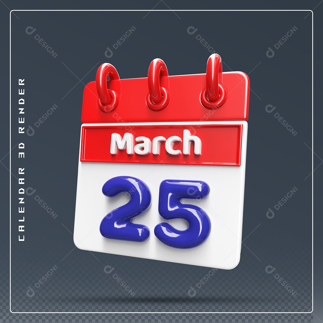 Calendário Do mês Março Dia 25 Elemento 3D Vermelho Azul e Branco Para Composição PSD