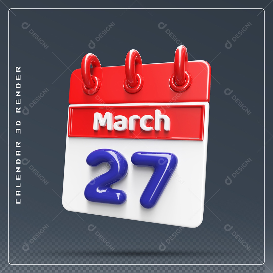 Calendário Do mês Março Dia 27 Elemento 3D Vermelho Azul e Branco Para Composição PSD