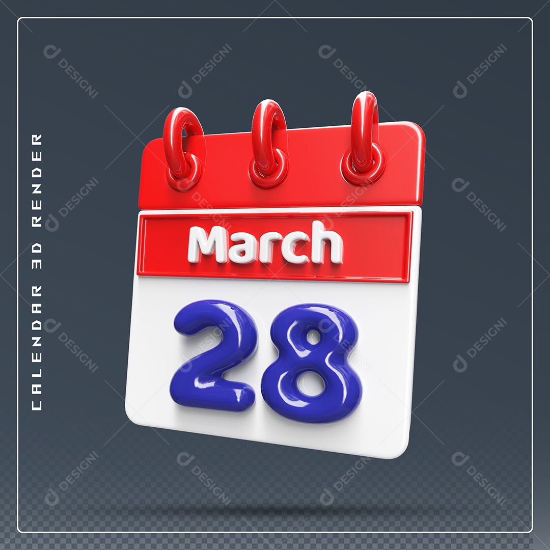 Calendário Do mês Março Dia 28 Elemento 3D Vermelho Azul e Branco Para Composição PSD