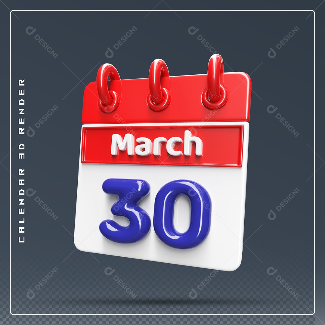 Calendário Do mês Março Dia 30 Elemento 3D Vermelho Azul e Branco Para Composição PSD