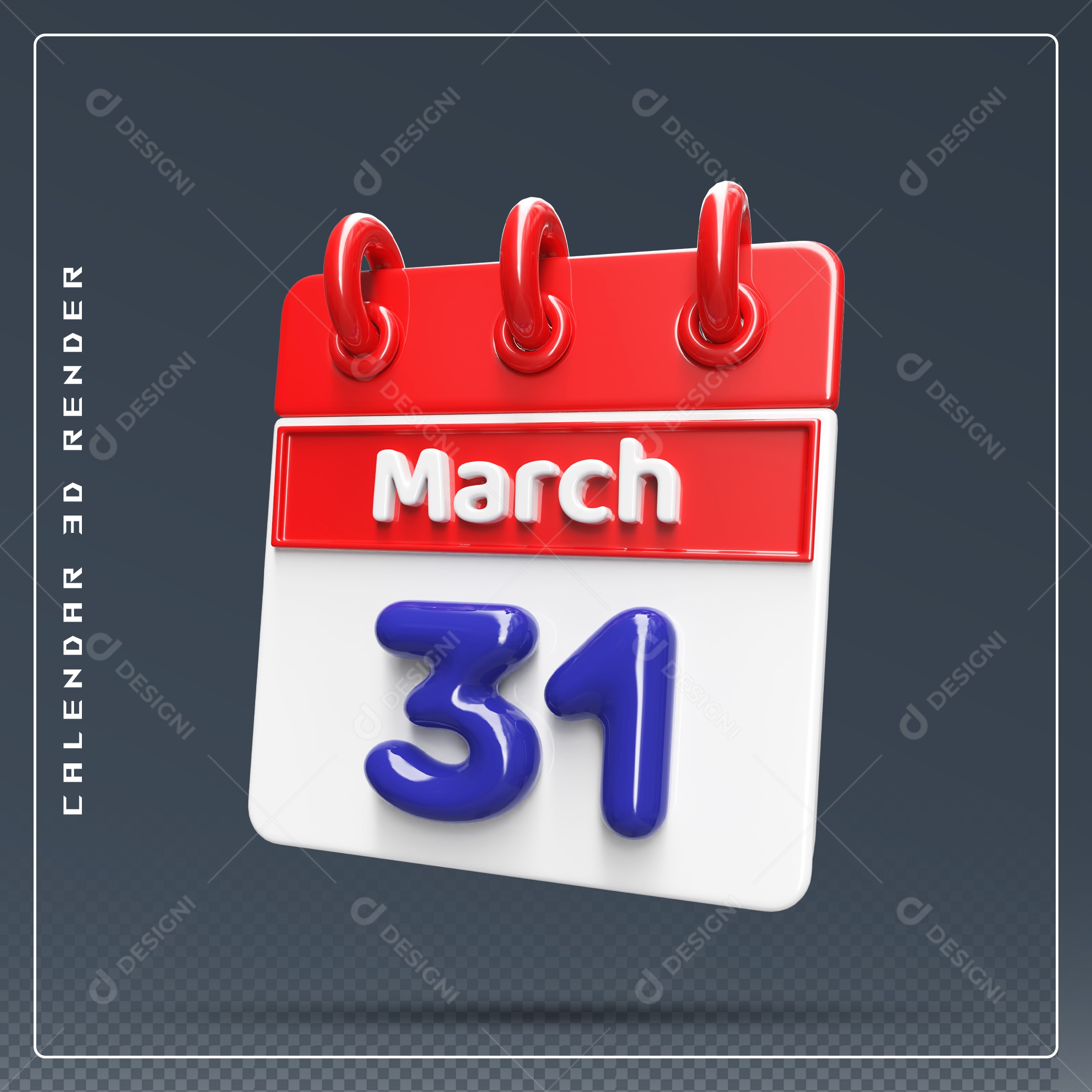 Calendário Do mês Março Dia 31 Elemento 3D Vermelho Azul e Branco Para Composição PSD