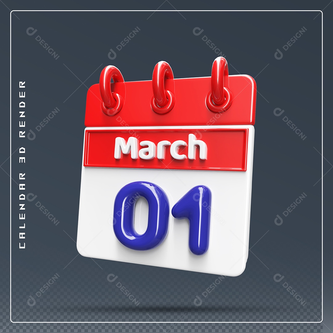 Calendário Do mês Março Dia 01 Elemento 3D Vermelho Azul e Branco Para Composição PSD
