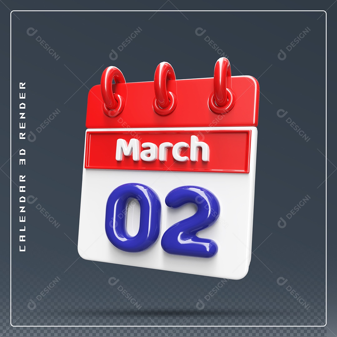 Calendário Do mês Março Dia 02 Elemento 3D Vermelho Azul e Branco Para Composição PSD