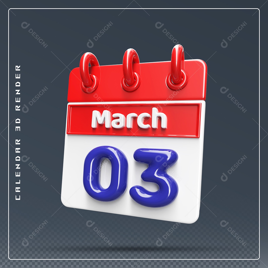 Calendário Do mês Março Dia 03 Elemento 3D Vermelho Azul e Branco Para Composição PSD
