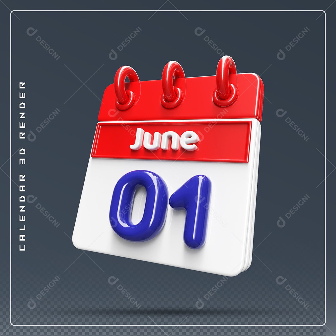 Calendário Do mês Junho Dia 01 Elemento 3D Vermelho Azul e Branco Para Composição PSD