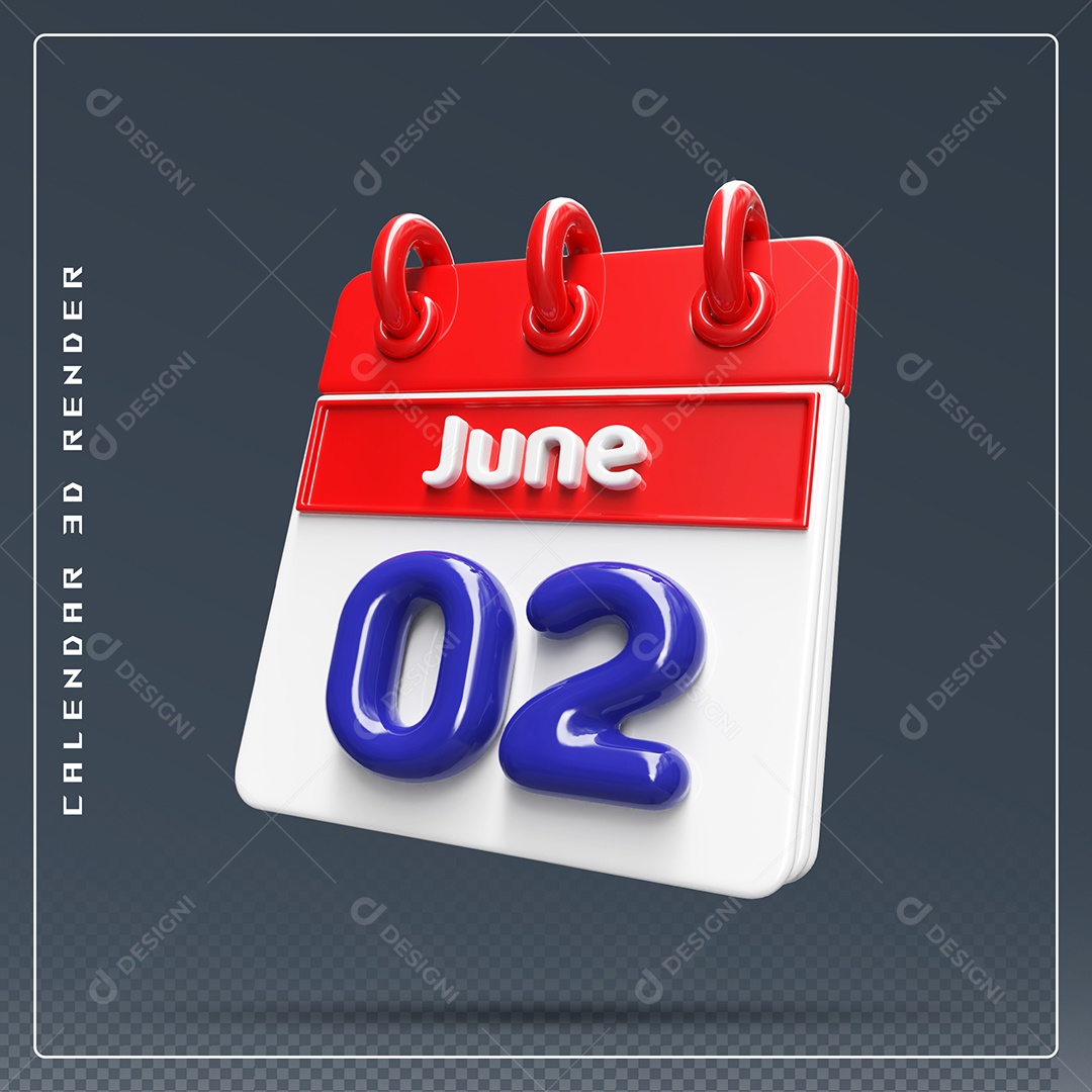 Calendário Do mês Junho Dia 02 Elemento 3D Vermelho Azul e Branco Para Composição PSD