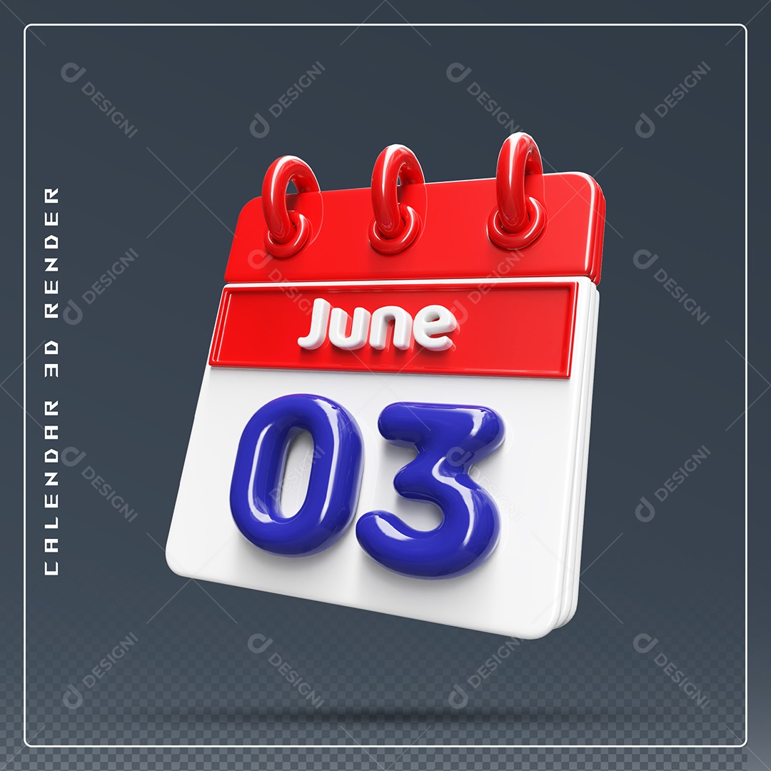 Calendário Do mês Junho Dia 03 Elemento 3D Vermelho Azul e Branco Para Composição PSD