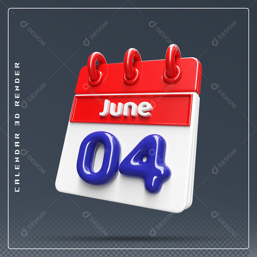 Calendário Do mês Junho Dia 04 Elemento 3D Vermelho Azul e Branco Para Composição PSD