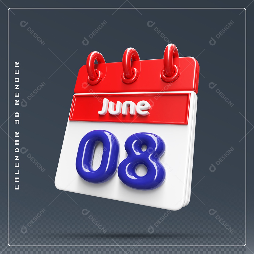 Calendário Do mês Junho Dia 08 Elemento 3D Vermelho Azul e Branco Para Composição PSD