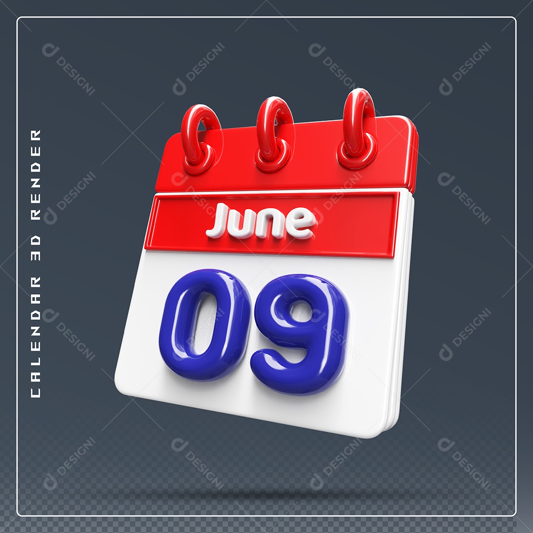 Calendário Do mês Junho Dia 09 Elemento 3D Vermelho Azul e Branco Para Composição PSD