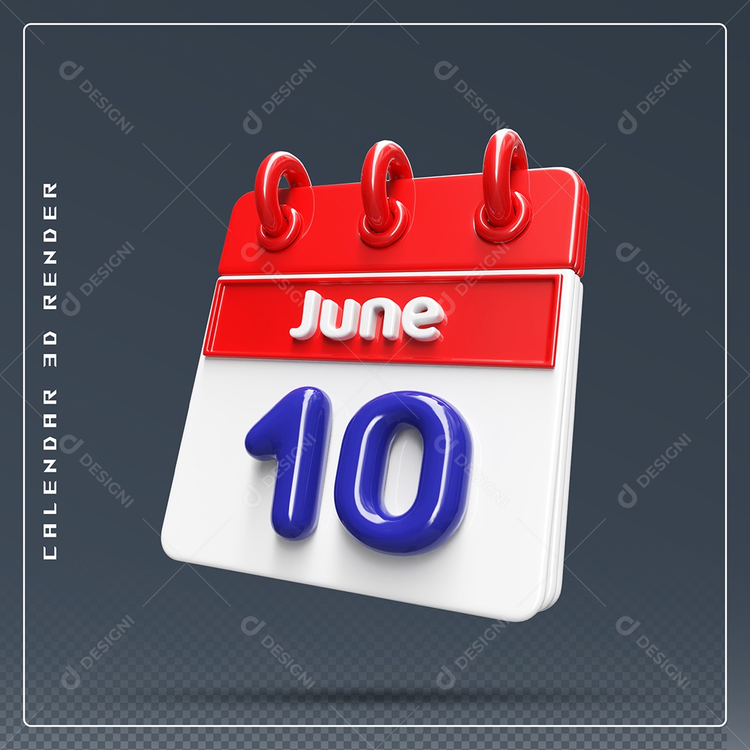 Calendário Do mês Junho Dia 10 Elemento 3D Vermelho Azul e Branco Para Composição PSD