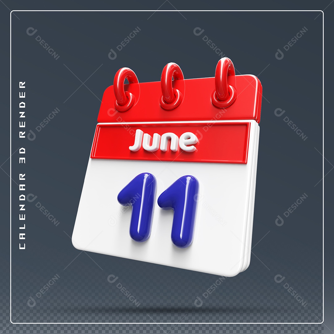 Calendário Do mês Junho Dia 11 Elemento 3D Vermelho Azul e Branco Para Composição PSD