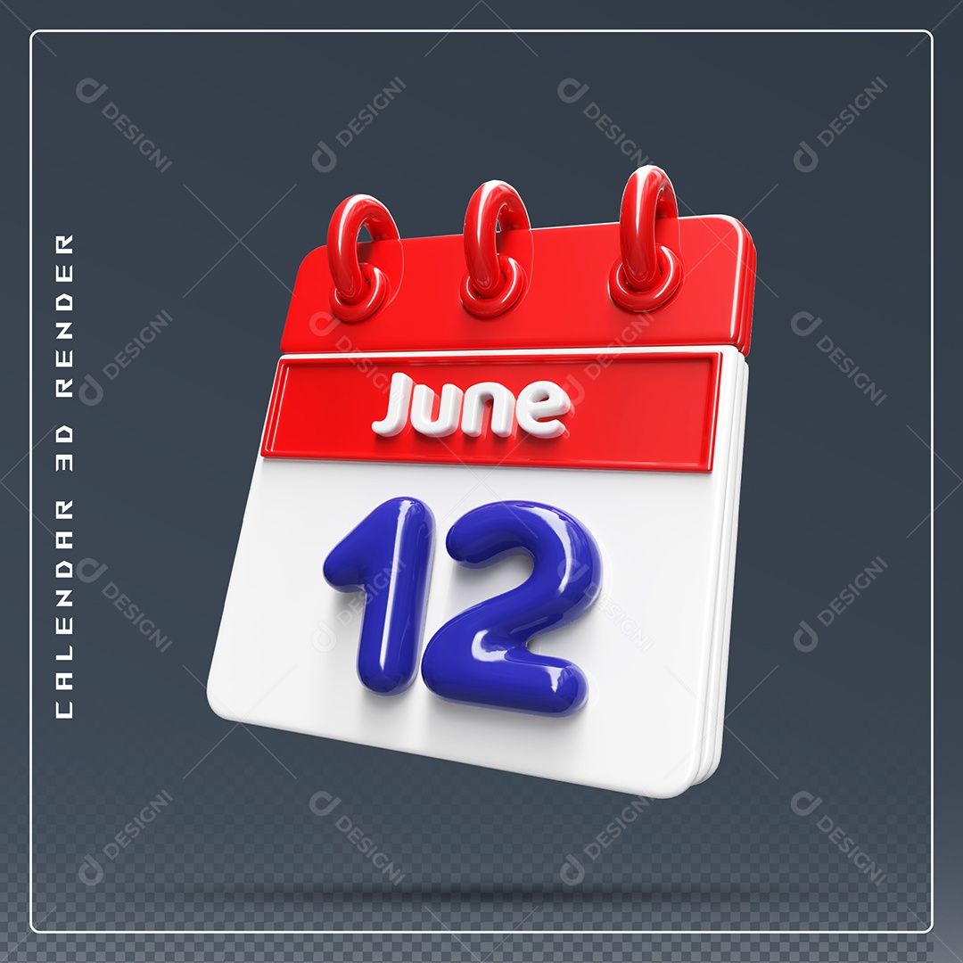 Calendário Do mês Junho Dia 12 Elemento 3D Vermelho Azul e Branco Para Composição PSD