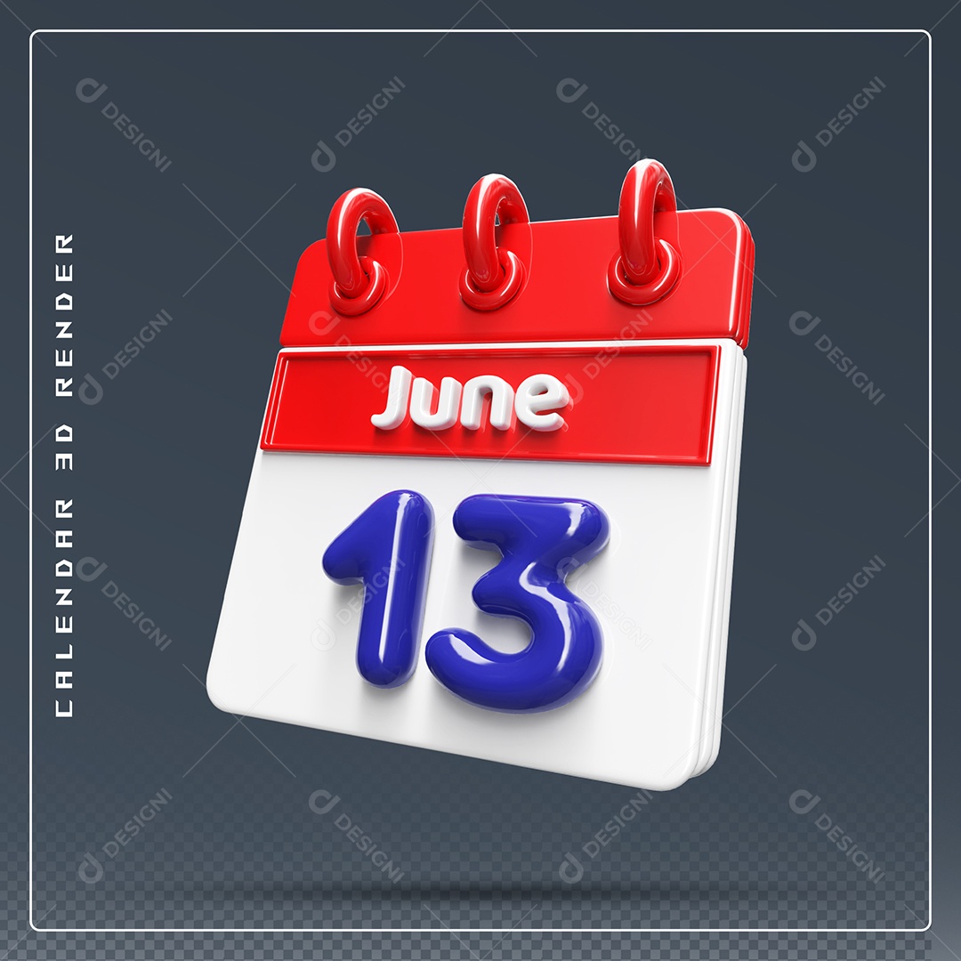 Calendário Do mês Junho Dia 13 Elemento 3D Vermelho Azul e Branco Para Composição PSD