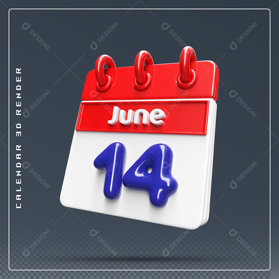 Calendário Do mês Junho Dia 14 Elemento 3D Vermelho Azul e Branco Para Composição PSD