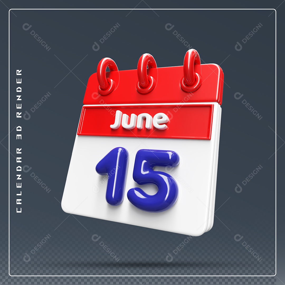 Calendário Do mês Junho Dia 15 Elemento 3D Vermelho Azul e Branco Para Composição PSD