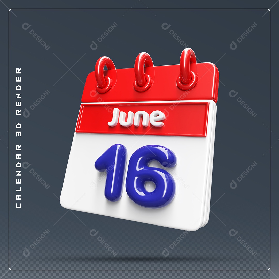 Calendário Do mês Junho Dia 16 Elemento 3D Vermelho Azul e Branco Para Composição PSD