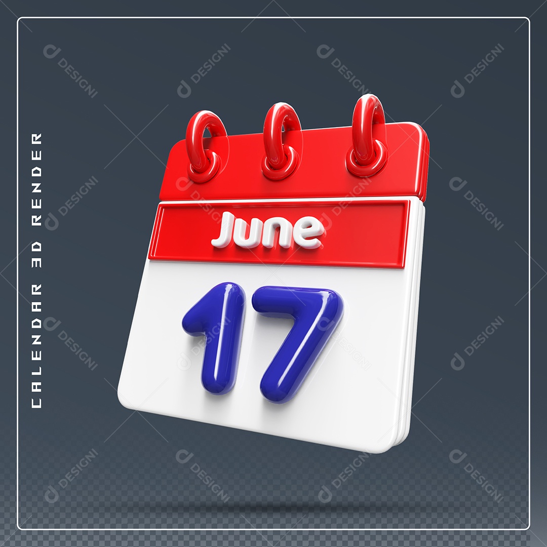Calendário Do mês Junho Dia 17 Elemento 3D Vermelho Azul e Branco Para Composição PSD