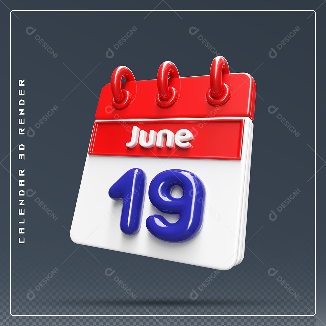Calendário Do mês Junho Dia 19 Elemento 3D Vermelho Azul e Branco Para Composição PSD