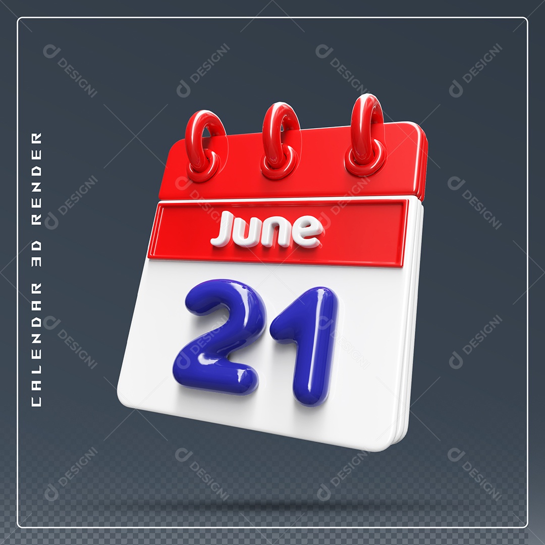 Calendário Do mês Junho Dia 21 Elemento 3D Vermelho Azul e Branco Para Composição PSD