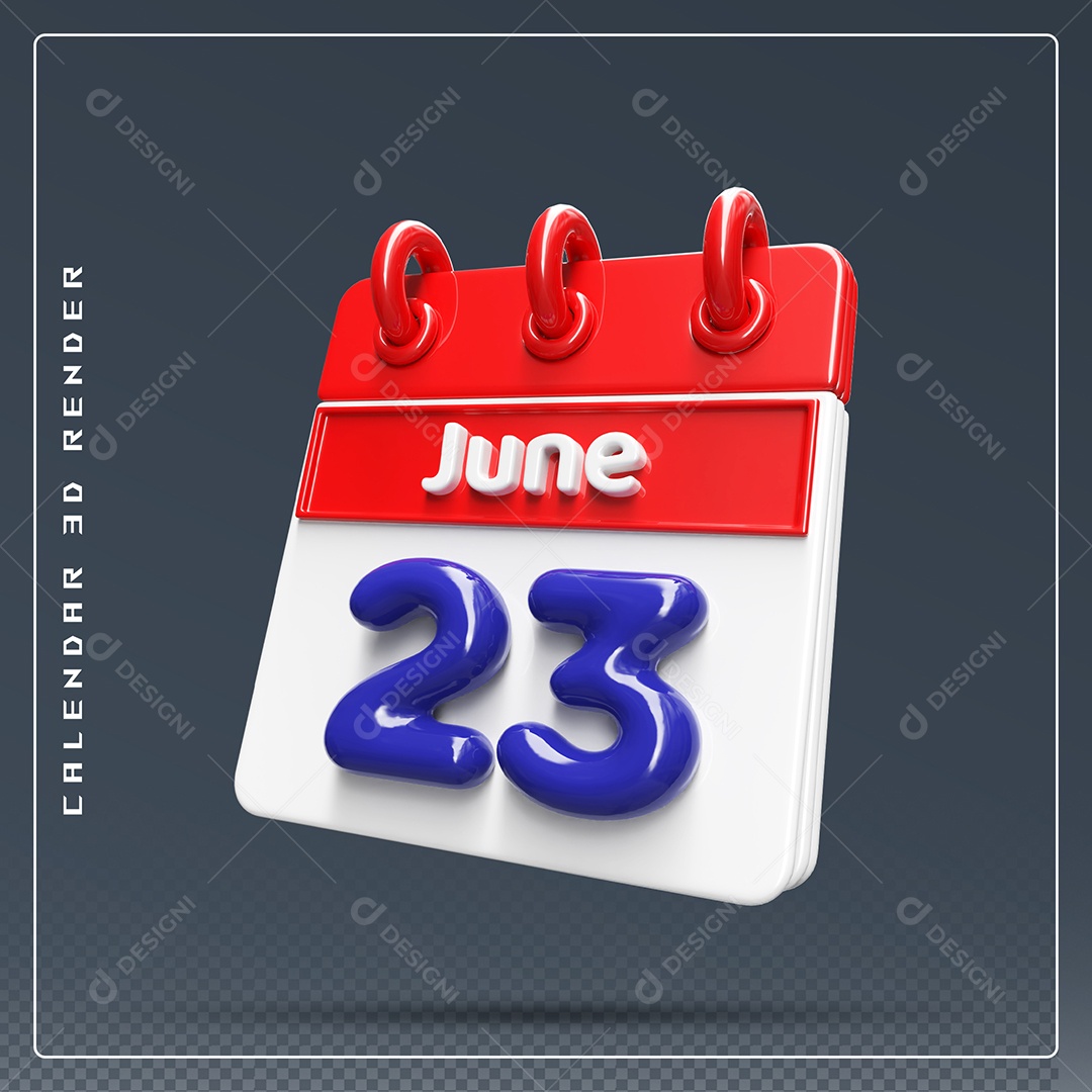 Calendário Do mês Junho Dia 23 Elemento 3D Vermelho Azul e Branco Para Composição PSD