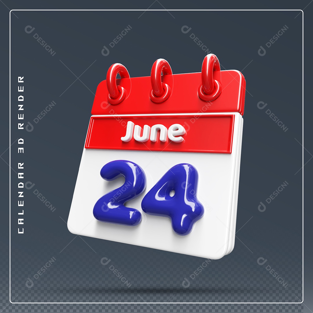 Calendário Do mês Junho Dia 24 Elemento 3D Vermelho Azul e Branco Para Composição PSD